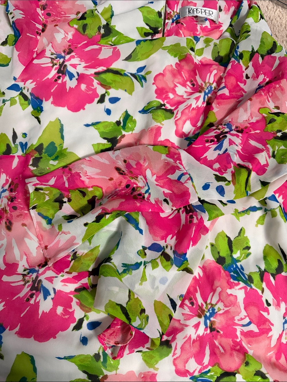 Kasper Pink Floral Blouse with Green Leaf Accents - Picture 2 of 2